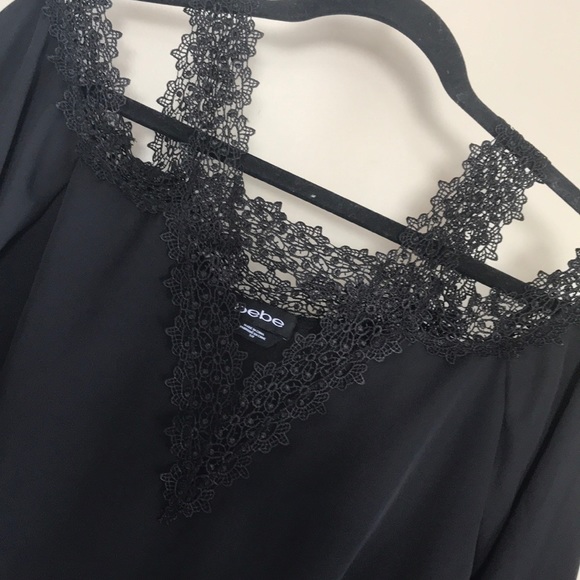 Sold Bebe black lace trim cold shoulder blouse - Picture 2 of 4